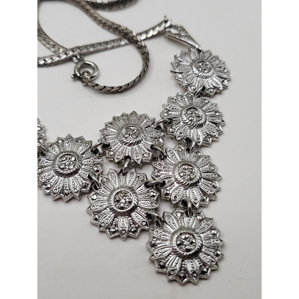 Vintage Floral Necklace Marked Sterling with Marcasite Accents 17 Inch - Picture 3 of 10